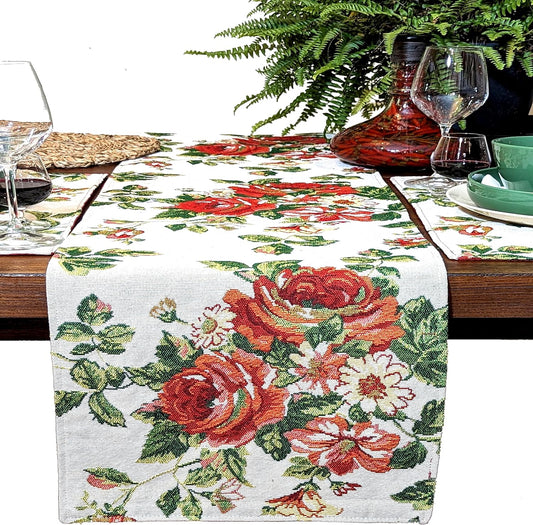 Tache Sweet Roses Spring Summer Traditional Country Vintage White Red Floral Decorative Woven Tapestry Kitchen Coffee Table Runners Scarfs, 13x72