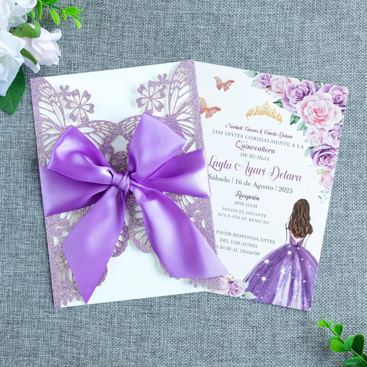 20 PCS 5.12x7.2 Butterfly Personalized Quinceanera Invitation, Customized XV Anos Laser Cut Invitation Cards with Envelopes (Purple Glitter Personalized)