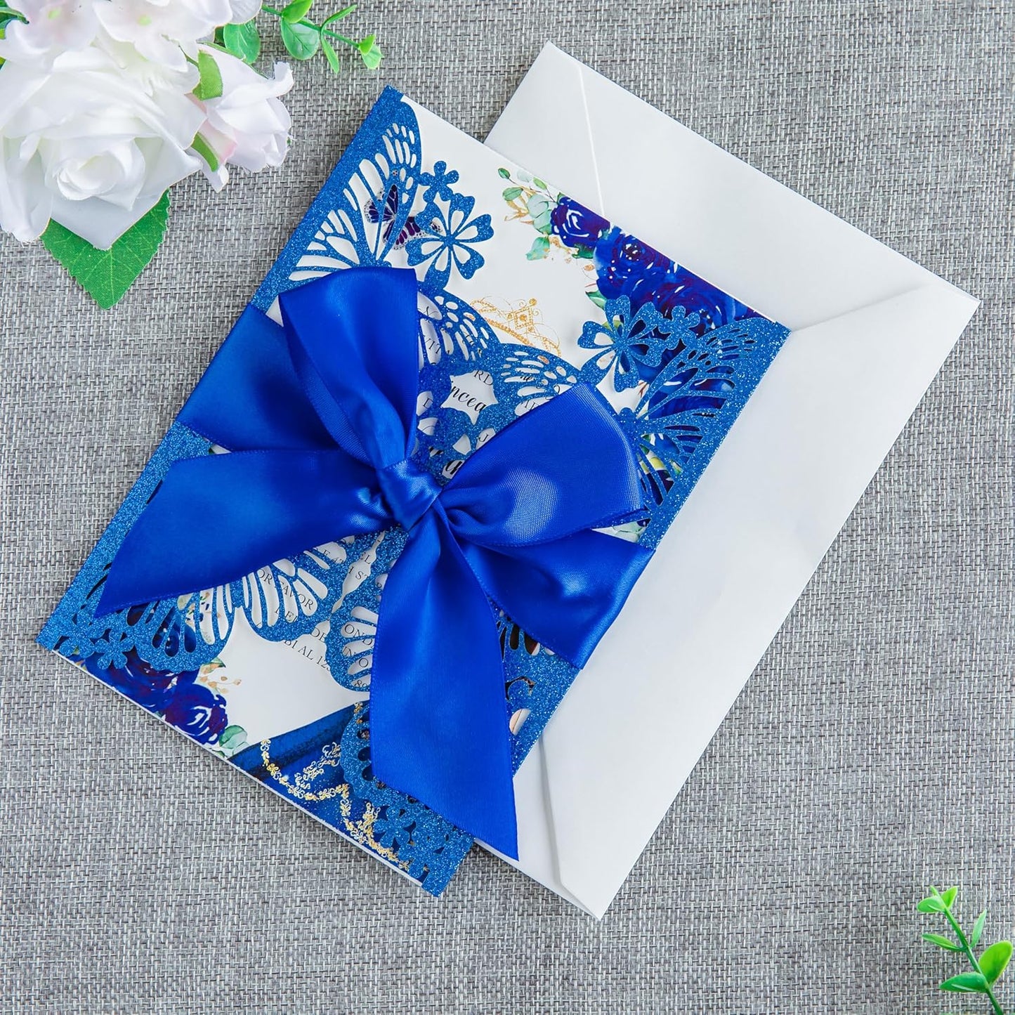 20 PCS 5.12x7.2 Butterfly Quinceanera Invitation, Laser Cut Wedding Invitation Cards with Envelopes for XV Anos Bridal Shower Baby Shower Invite (Blue Glitter)