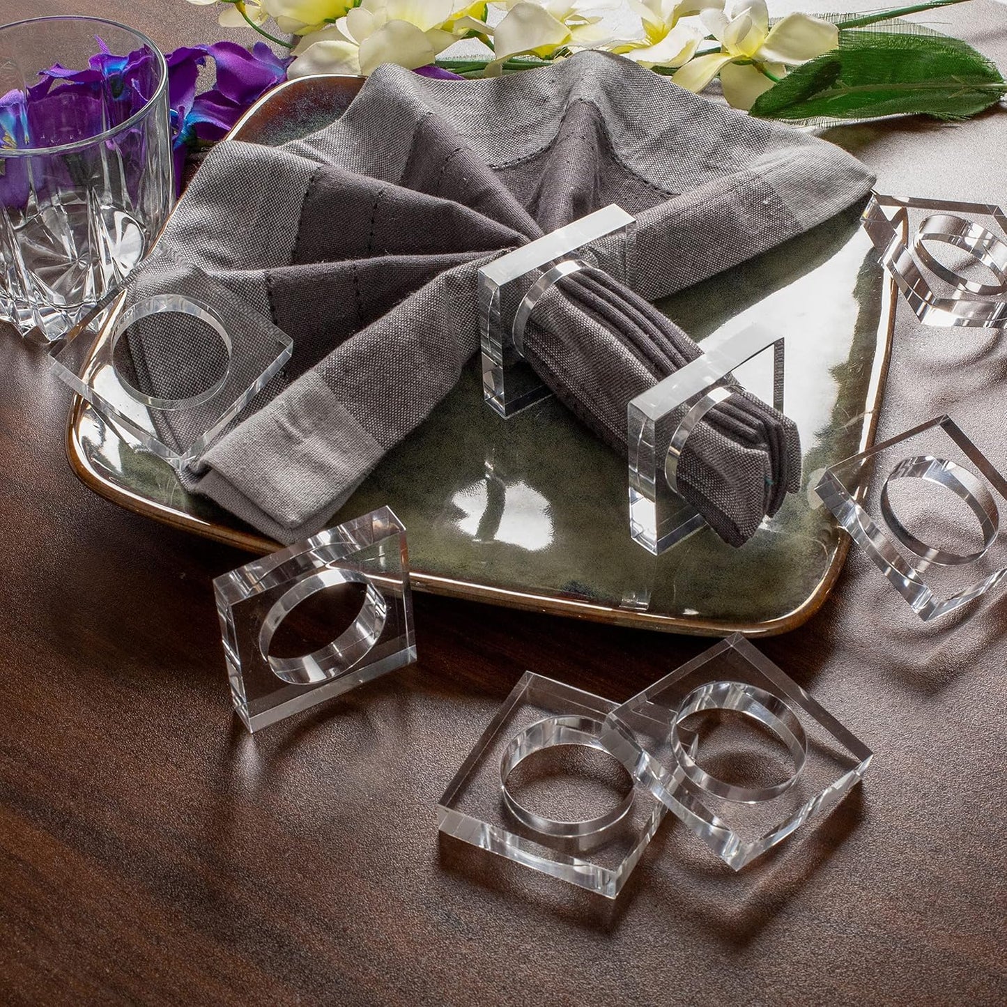 Acrylic Set of 12 Square Beveled Napkin Ring - Cloth Napkin Rings Serviette Buckles for Wedding, Birthday, Banquet, Table Décor, Home Décor, Gifting (Transparent) - CLEENTABLE