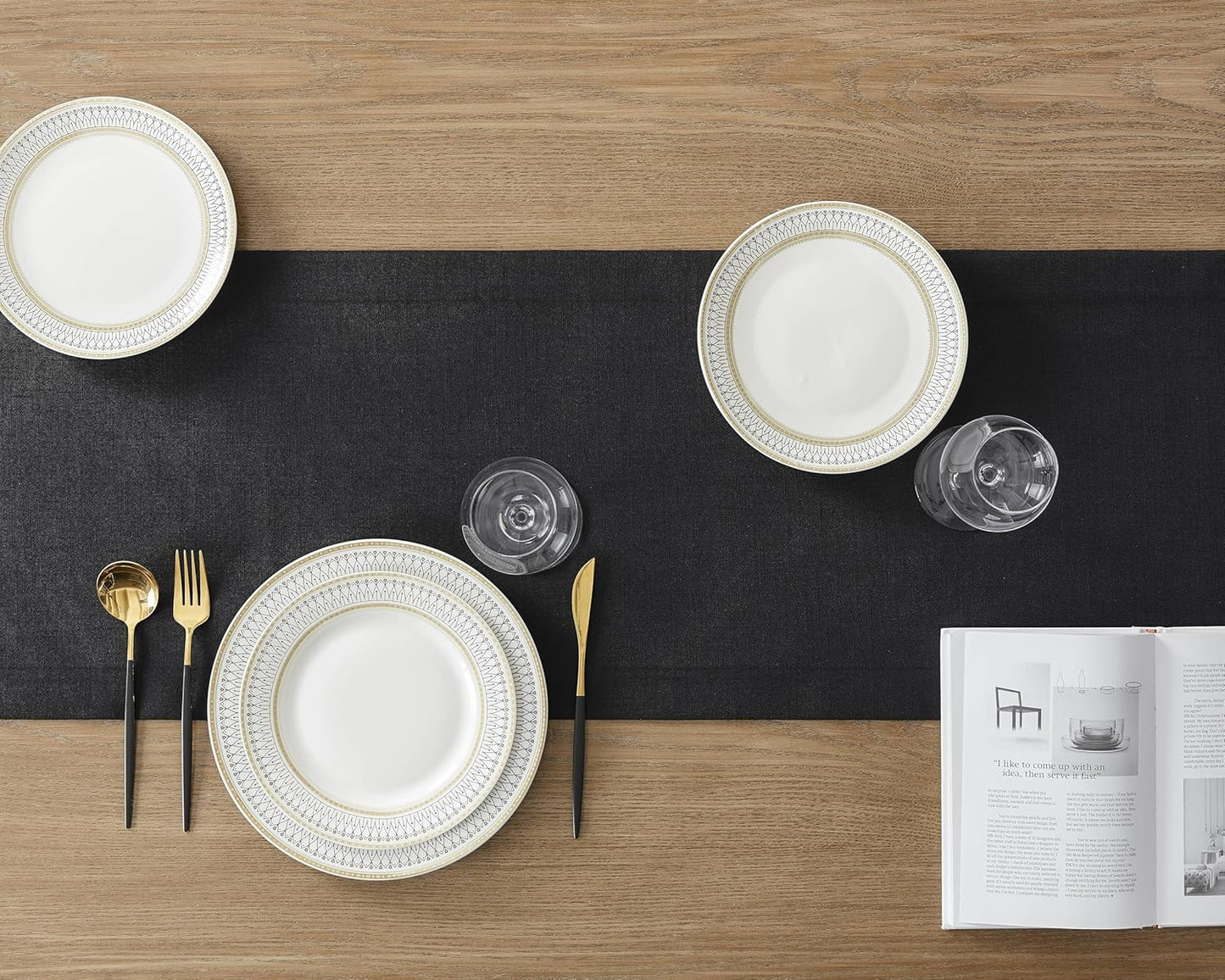 ZeeMart Linen Textured Border Table Runner, 14 x 108 Inch Black, Farmhouse Style Black Table Runners 108 Inches Long, Easy Care Everyday Polyester Table Runner