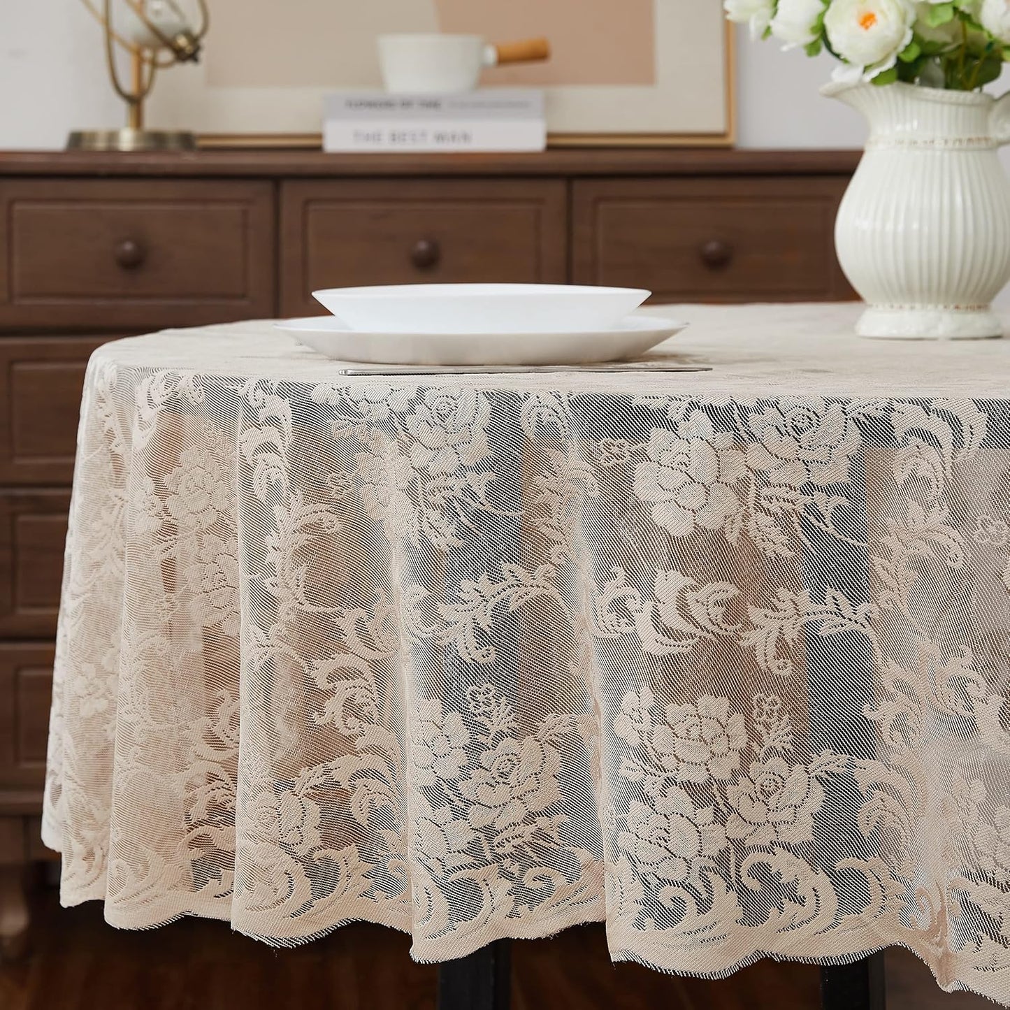 LinenZone Extra Large Linen Round Tablecloth for Rustic Vintage Decor. Sheer Lace Table Cloth Works Great As Wedding Tablecloth or Thanksgiving Table Cover. (Mia 132 Round, Linen)