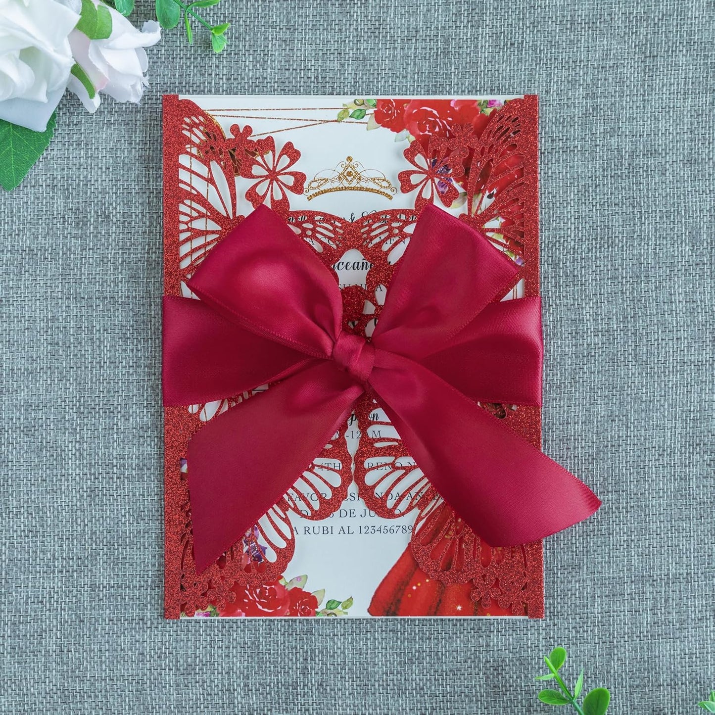 20 PCS 5.12x7.2 Butterfly Quinceanera Invitation, Laser Cut Wedding Invitation Cards with Envelopes for XV Anos Bridal Shower Baby Shower Invite (Red Glitter)