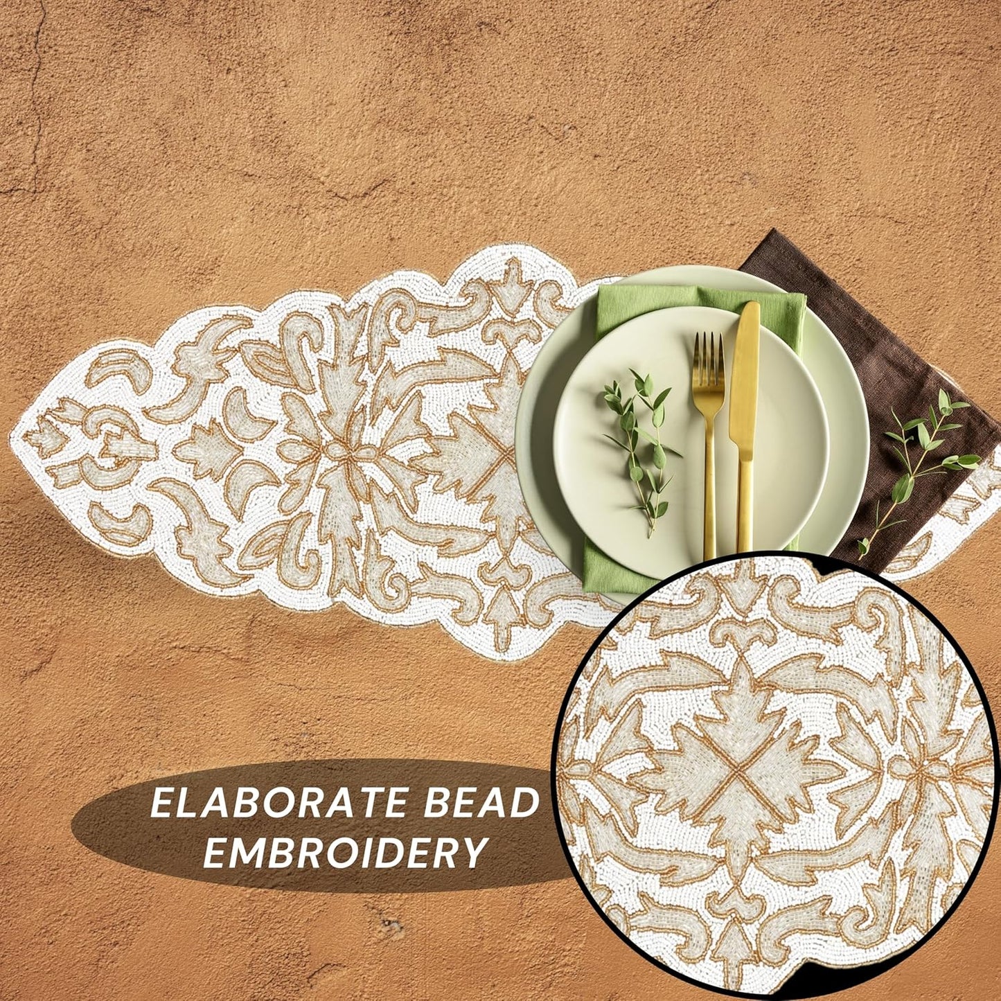 Beaded Table Runner 13 x 36 Inches - Elegant Dining Table Centerpiece with Glass Beads & Polyester Back, Handmade Decorative Runner for Weddings, Parties & Holiday Décor (White & Gold) - CLEENTABLE