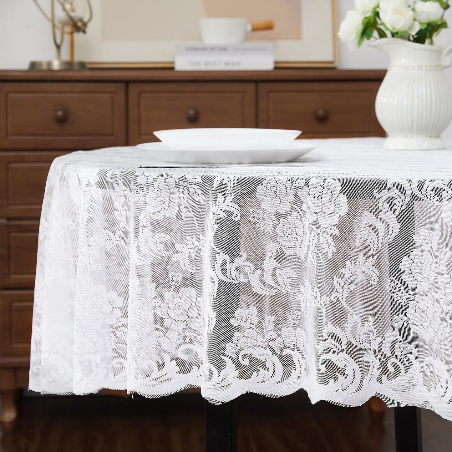 LinenZone Extra Large White Round Tablecloth for Rustic Vintage Decor. Sheer Lace Table Cloth Works Great As Wedding Tablecloth or Thanksgiving Table Cover. (Mia 120 Round, White)