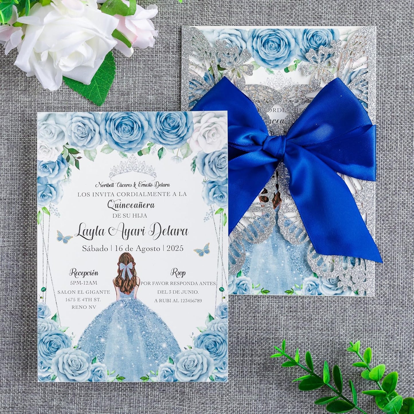 20 PCS 5.12x7.2 Butterfly Personalized Quinceanera Invitation, Customized XV Anos Laser Cut Invitation Cards with Envelopes (Silver Glitter Personalized)
