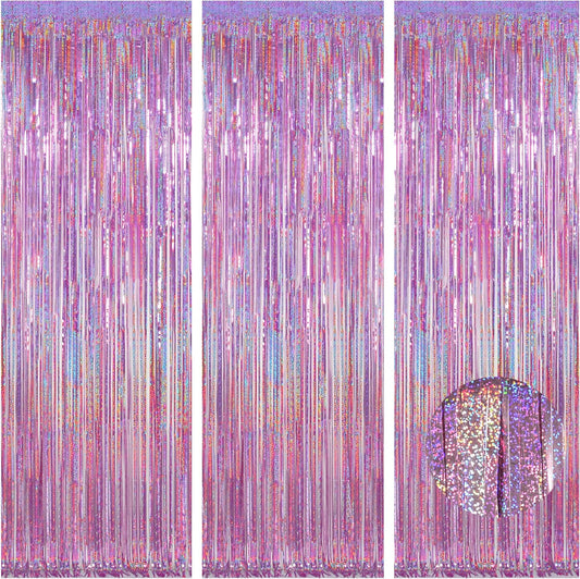 Melsan 3 Pack 3.2 x 8.2 ft Sparkling Pinkish Purple Tinsel Fringe Curtain Backdrop Glitter Decor for Birthdays, Bachelorette, Weddings, Photo Booth | Reusable Princess & Y2K Party Backdrop