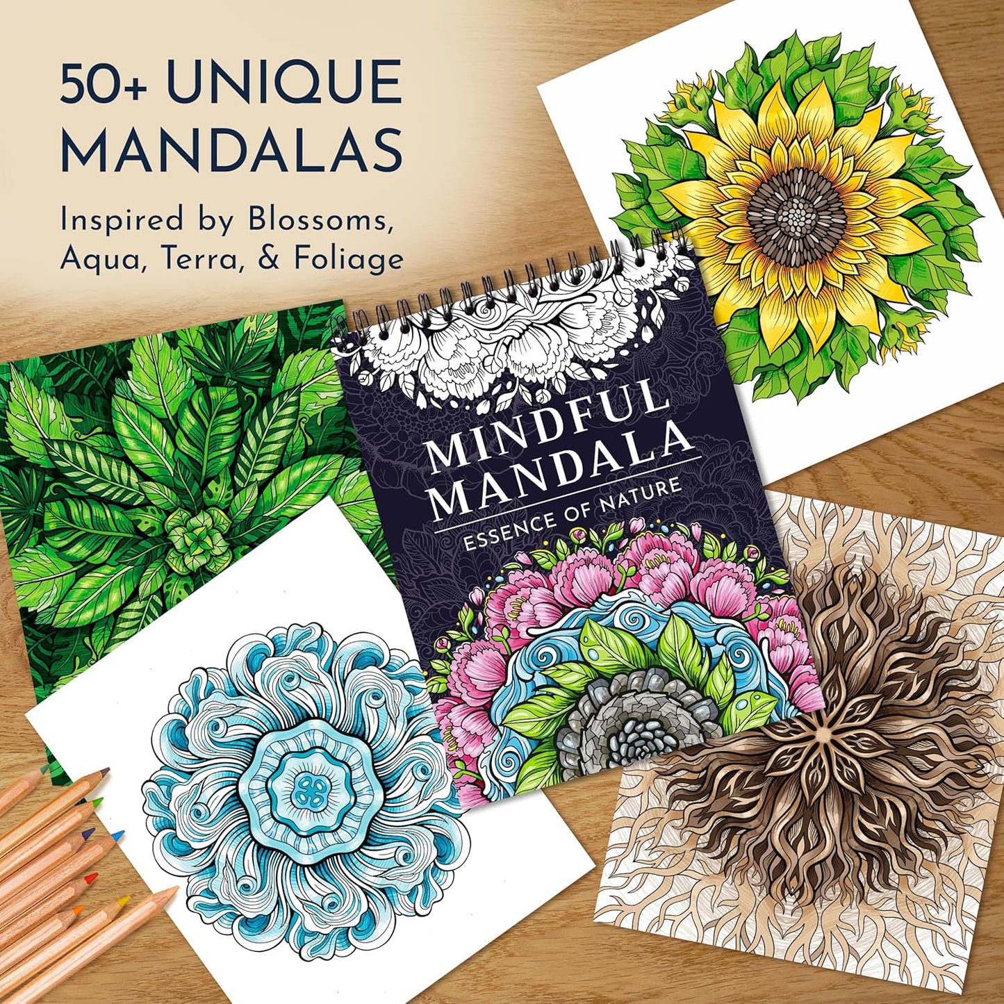 RYVE Mandala Coloring Book for Adults - 50 Unique Mandalas for Relaxation & Stress Relief - Spiral Coloring Book for Adults, Relax and Mindfulness Gifts for Women and Men, Spiral Bound