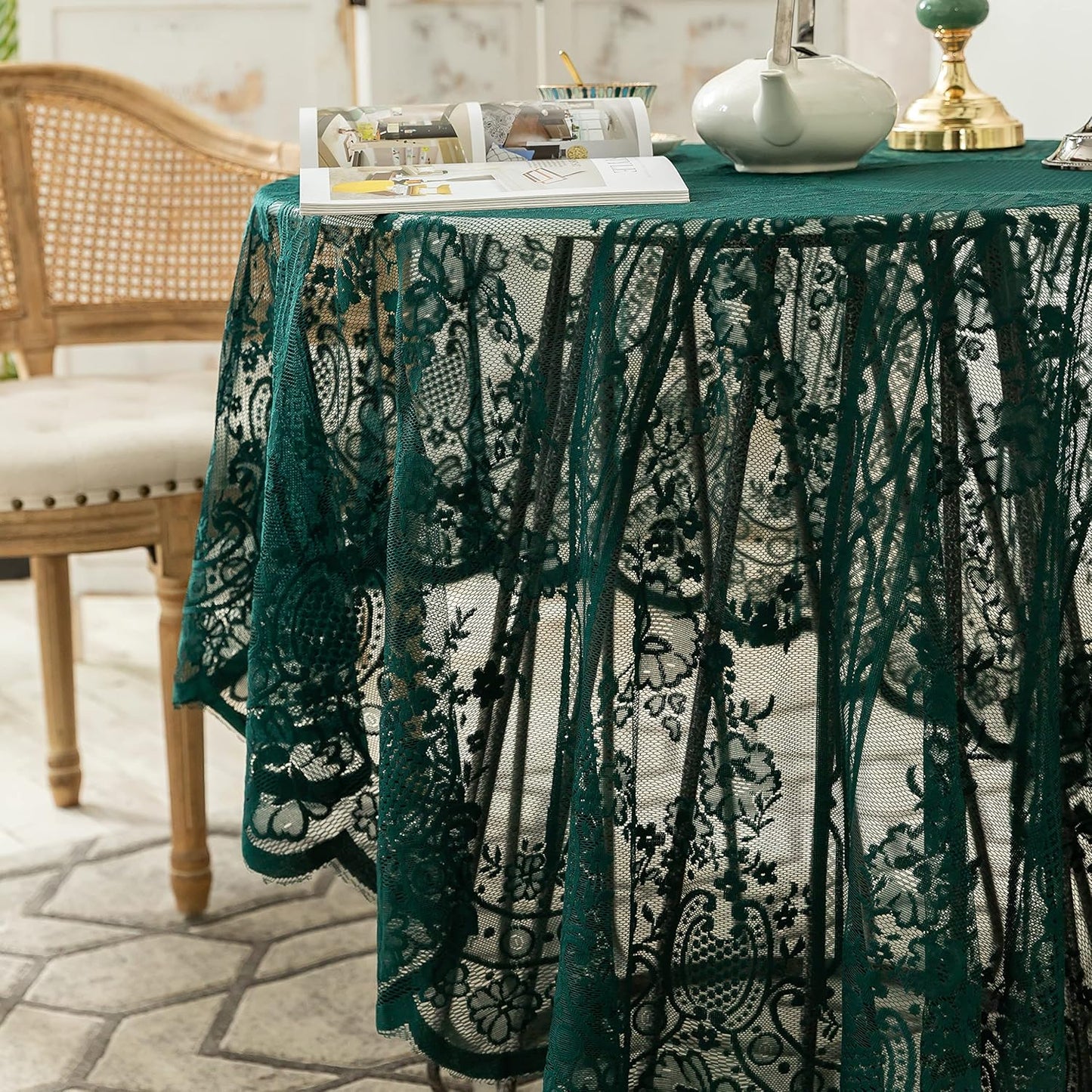 Gorgeous Round Lace Tablecloth,Vintage Floral Embroidered Table Cloths, Chic Round Table Cover for Wedding Banquet HolidayDinner Tables 60INCH (Vintage Green)