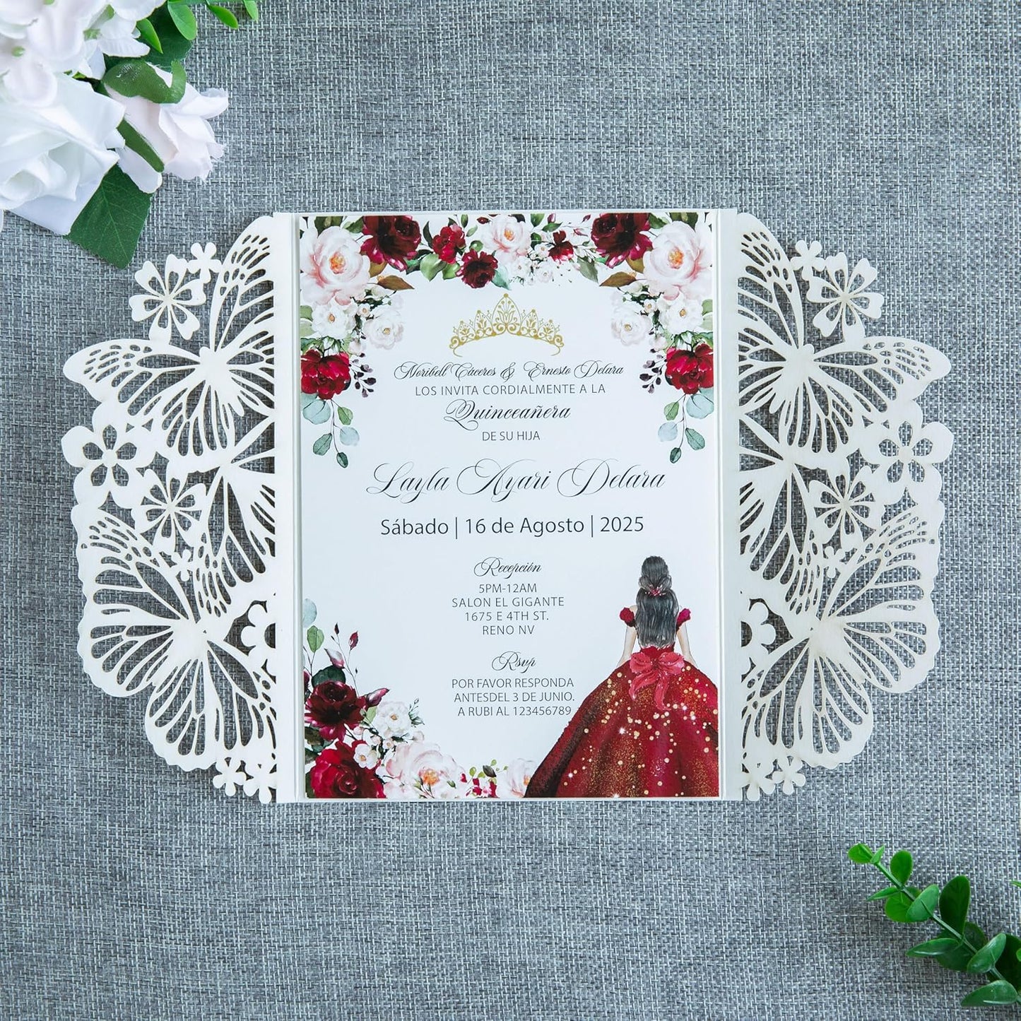 20 PCS 5.12x7.2 Butterfly Personalized Quinceanera Invitation, Customized XV Anos Laser Cut Invitation Cards with Envelopes (20 PCS Light Gold Personalized)