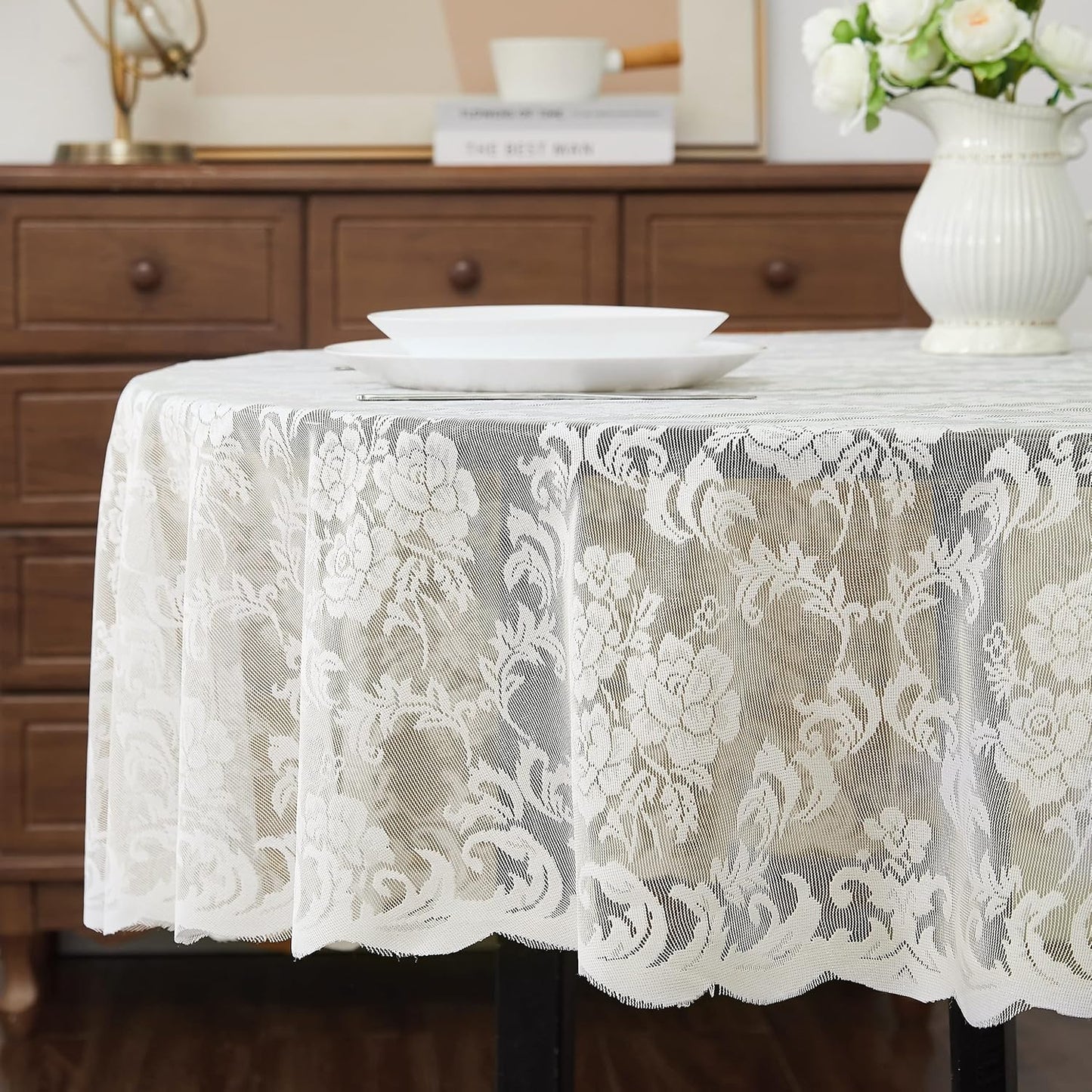 LinenZone Ivory Round Tablecloth for Rustic Vintage Decor. Sheer Lace Works Great As Wedding, Thanksgiving or Christmas Tablecloth (Mia 70 Round, Ivory)