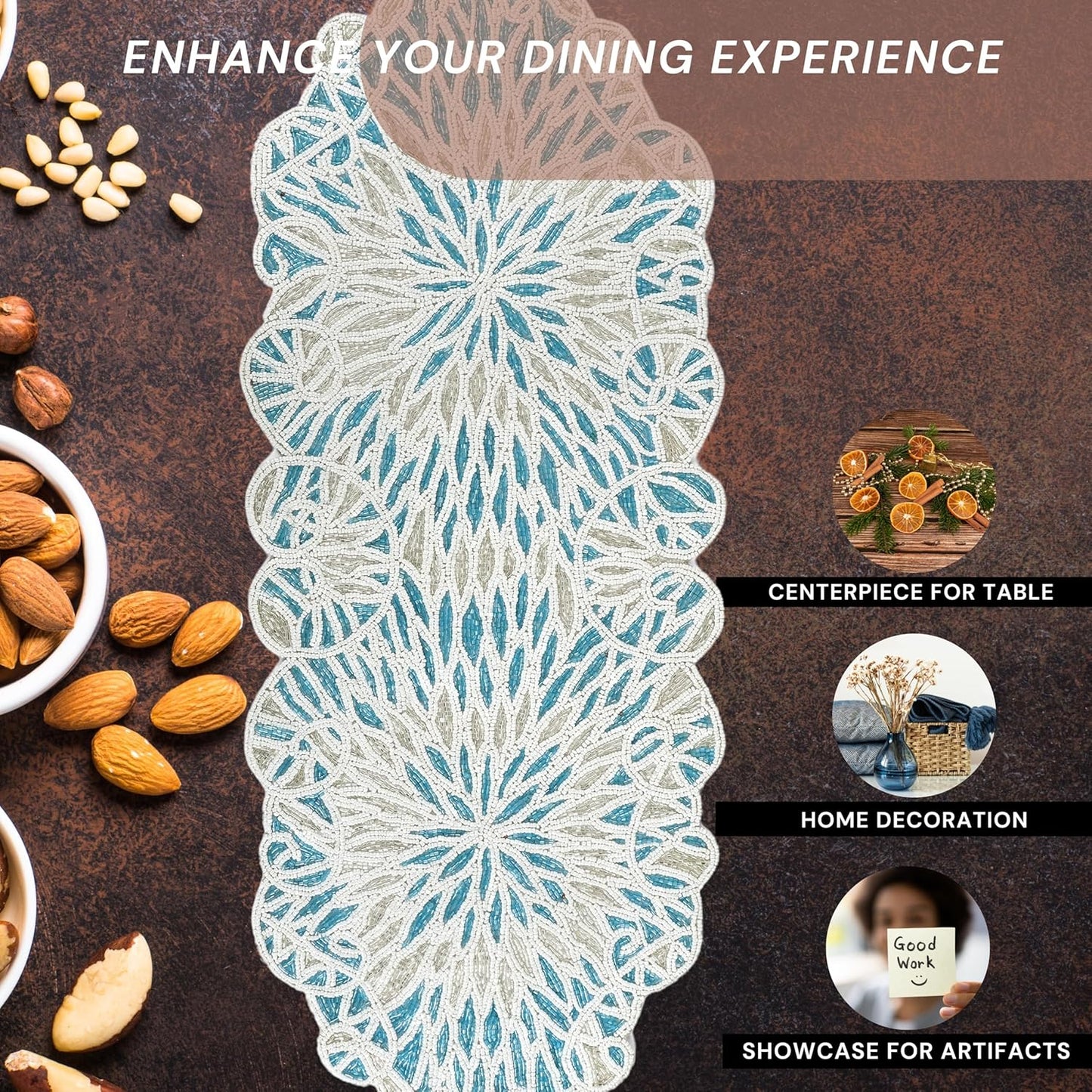 Handcrafted Beaded Table Runner – Elegant, Stain-Resistant Glass Bead & Polyester Glitz Accent for Farmhouse, Wedding, Bridal Shower, Dinner Table & Holiday Decor (Sky Blue White) - CLEENTABLE