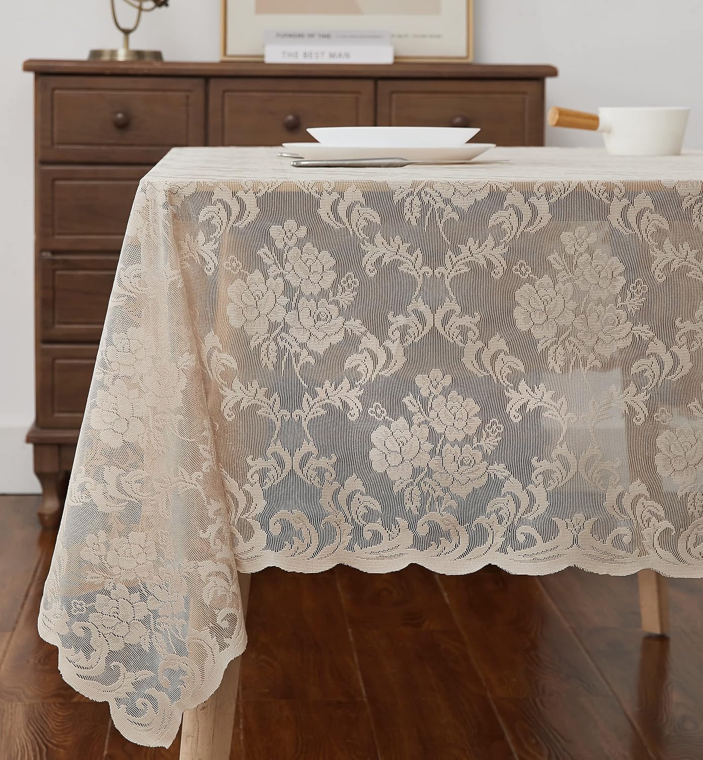 LinenZone Square Linen Tablecloth for Rustic Vintage Decor. Sheer Lace Table Cloth Works Great As Wedding Tablecloth or Thanksgiving Table Cover. (Mia TC 60 x 60, Linen)